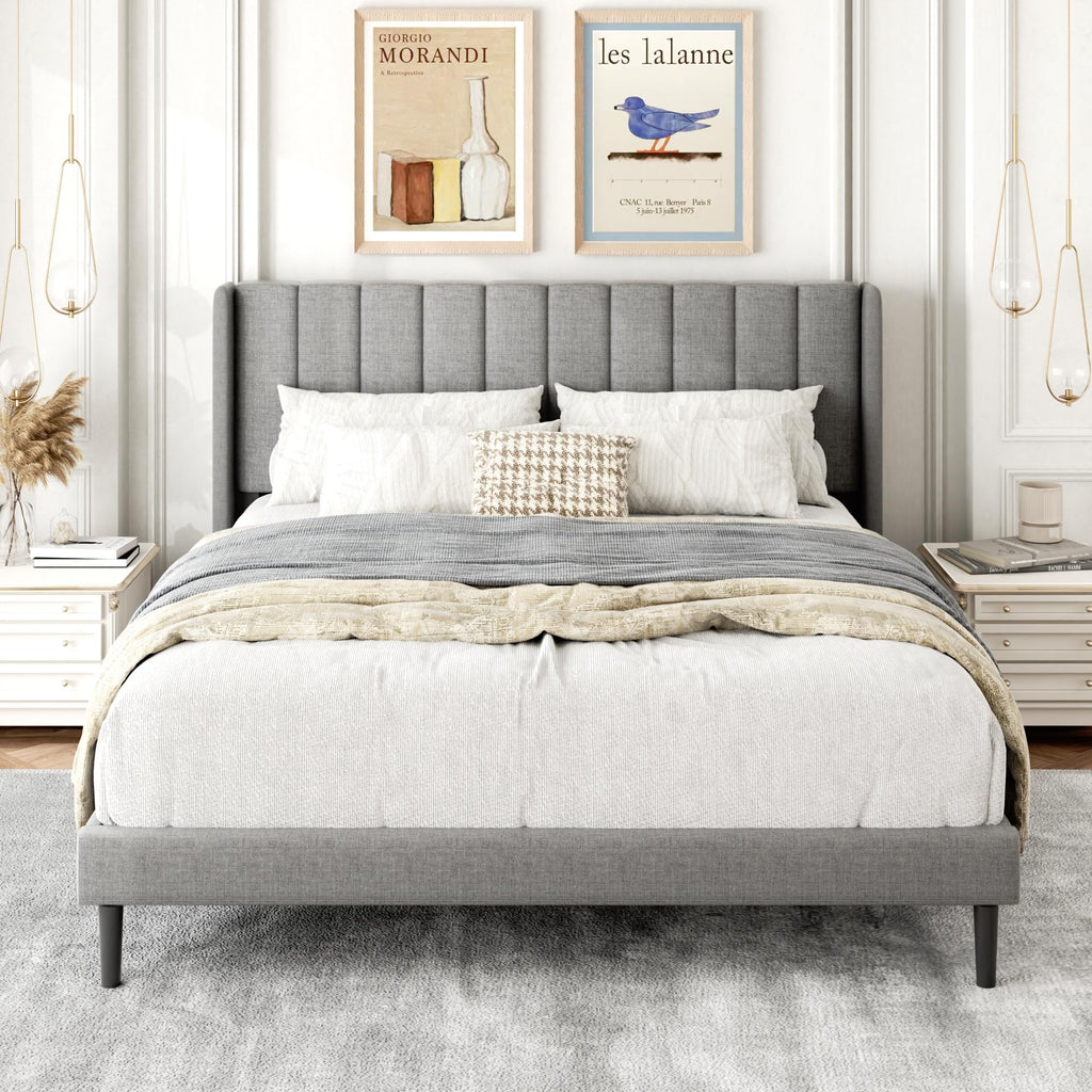 Queen Size Upholstered Platform Bed Frame with Wingback Headboard O289