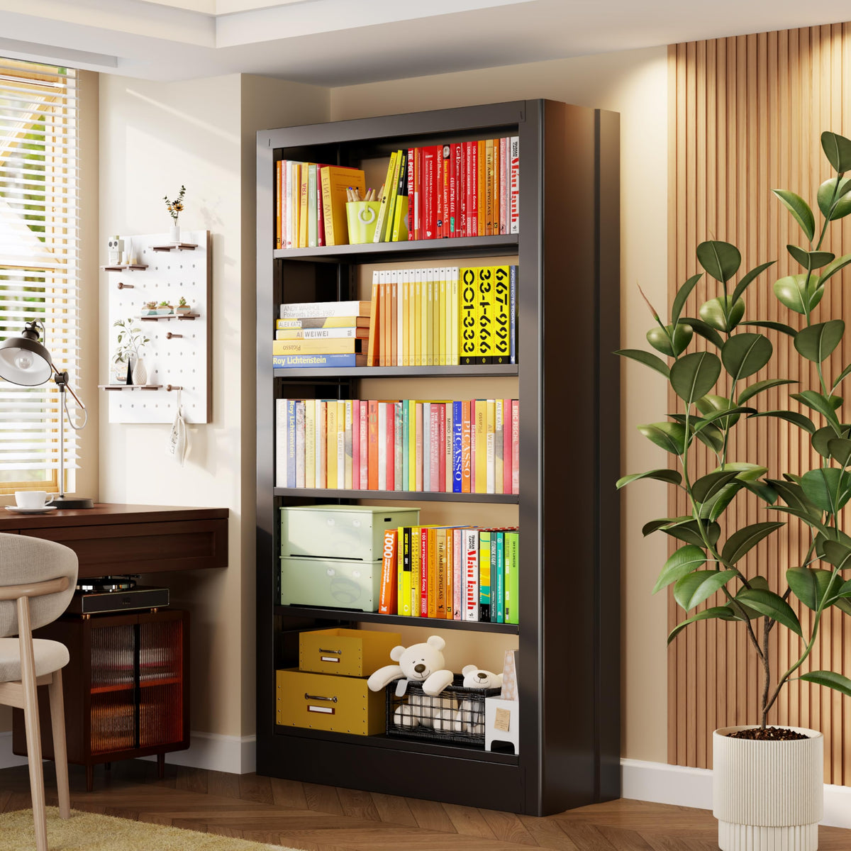 Black 5-Tier Metal Bookcase with Adjustable Shelves A3240